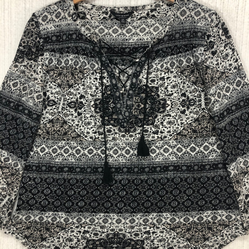 Lucky Brand Black White Mandala Paisley Lace Up Tassel Peasant Top Small